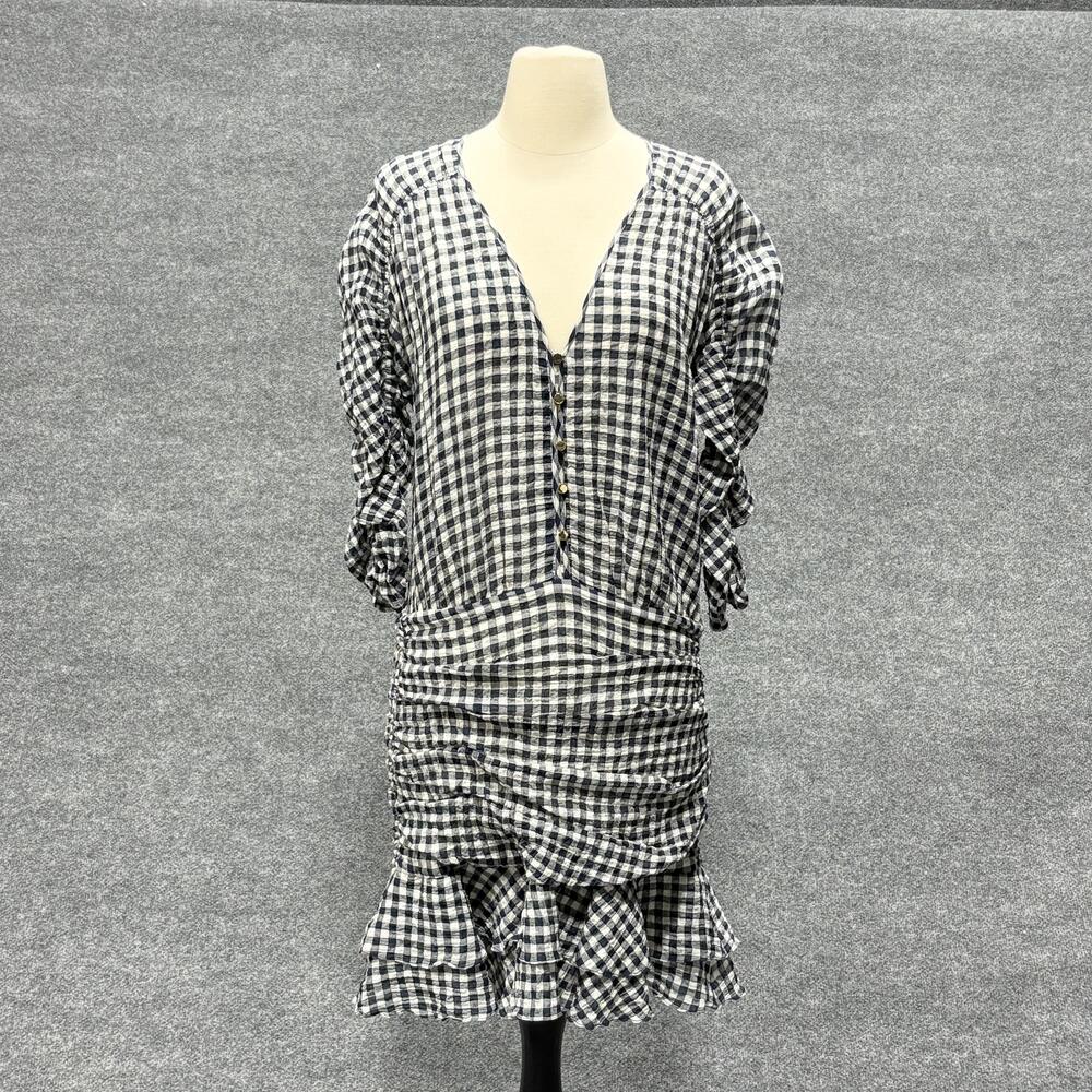 Veronica Beard Dress Womens 12 Campbell Ruched Sleeve V Neck Gingham Plaid Check